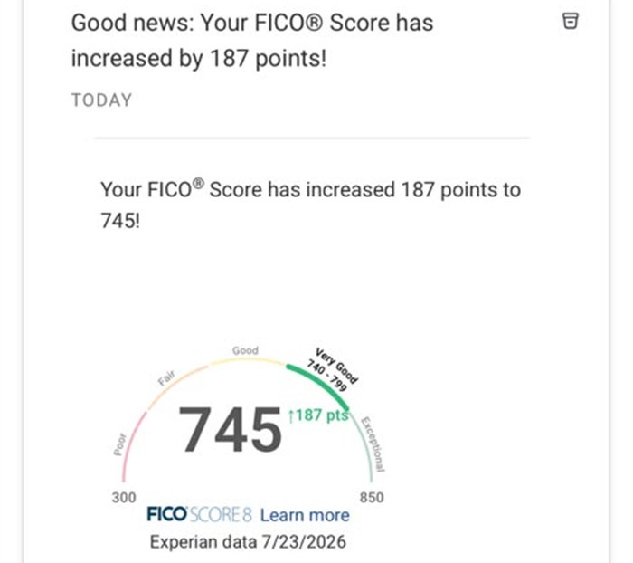 Captura real: “Good news: Your FICO Score has increased by 187 points” a 745