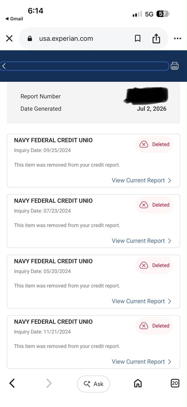 Captura real (Disputa): Navy Federal · 4 consultas eliminadas