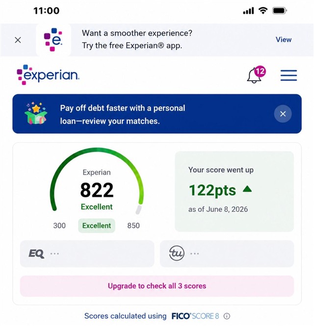 Captura real (Puntaje): Experian · 822 · +122