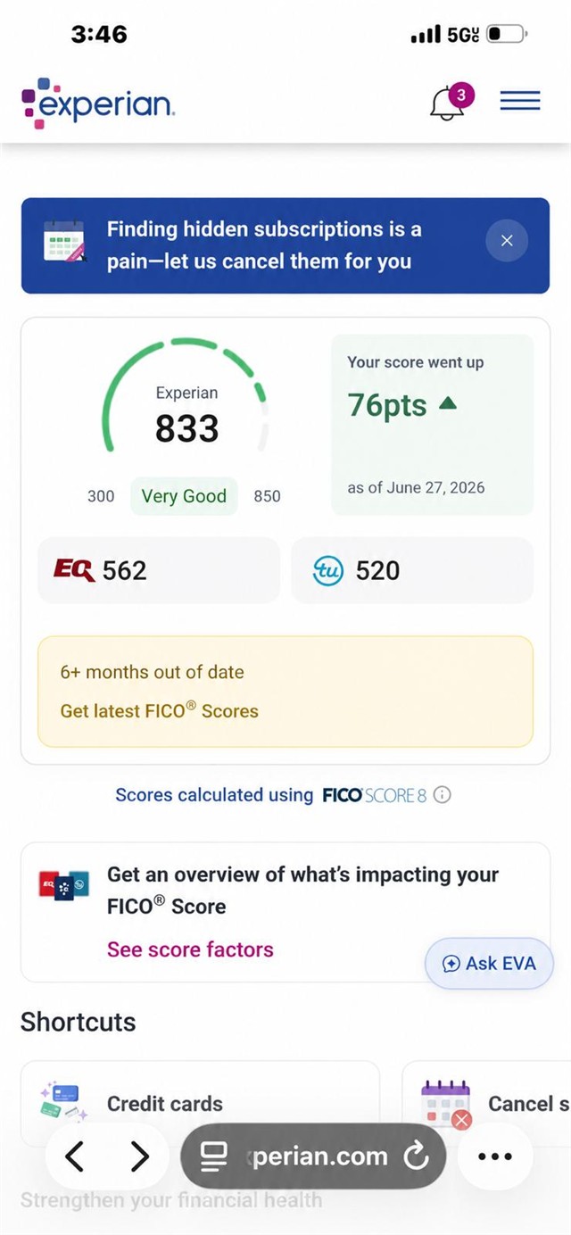 Captura real (Puntaje): Experian · 833 · +76