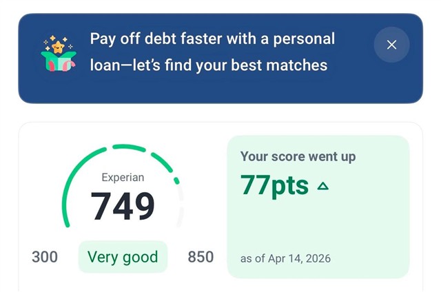 Captura real (Puntaje): Experian · 749 · +77