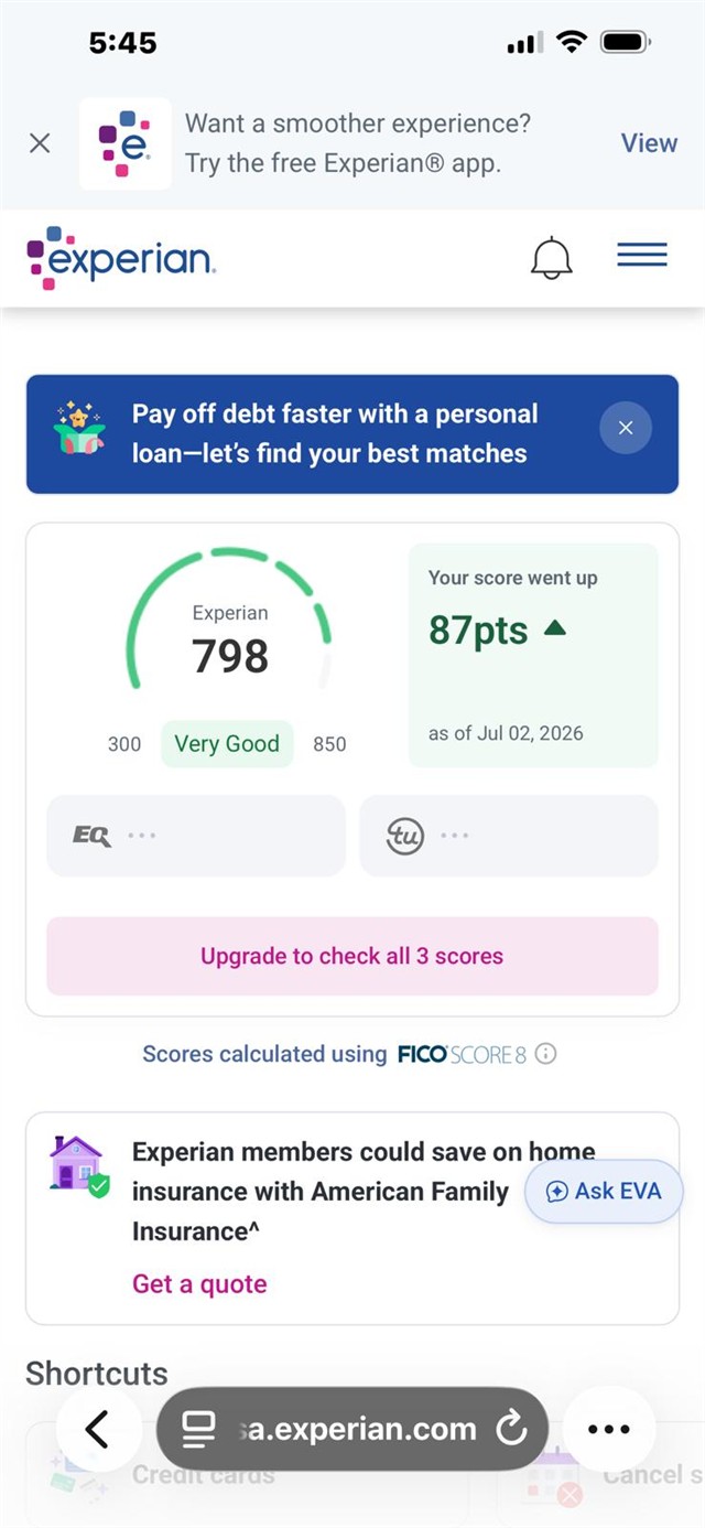 Captura real (Puntaje): Experian · 798 · +87