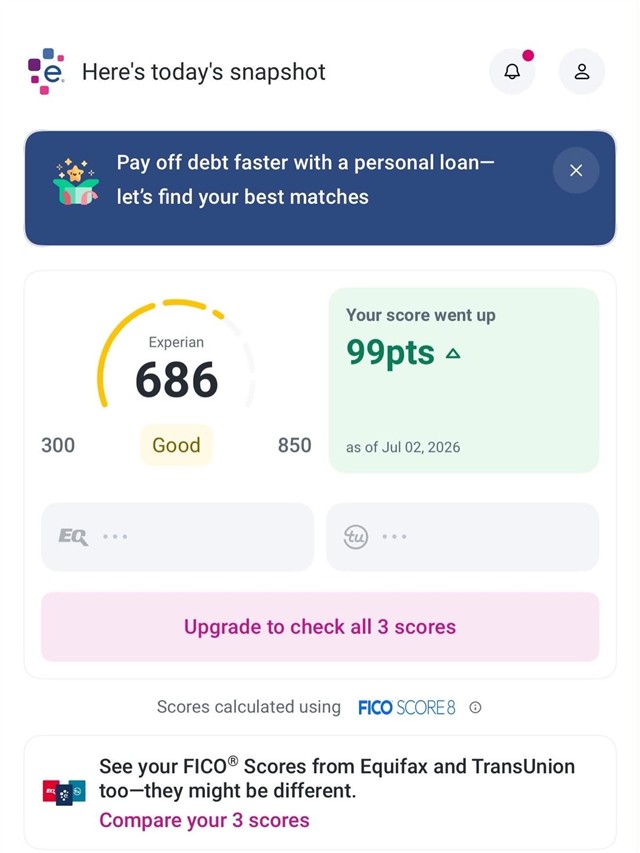 Captura real (Puntaje): Experian · 686 · +99