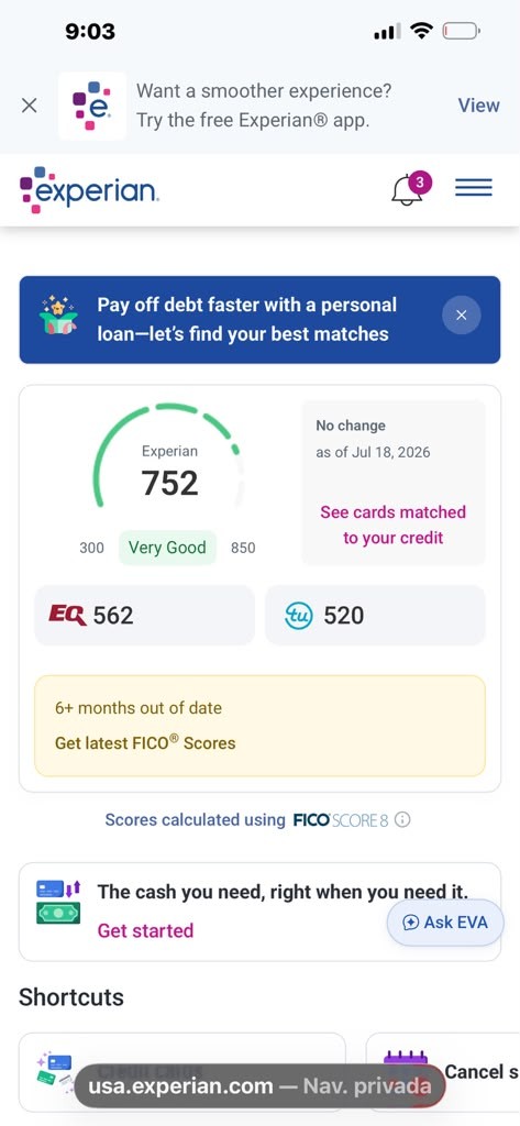 Captura real (Puntaje): Experian · 752