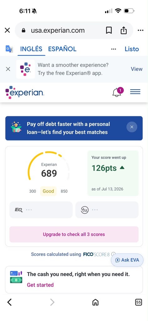 Captura real (Puntaje): Experian · 689 · +126