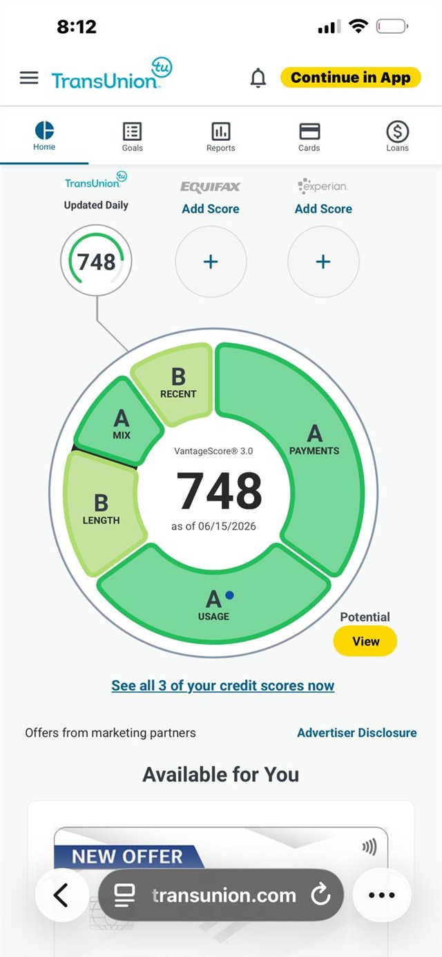 Captura real (Puntaje): TransUnion · 748
