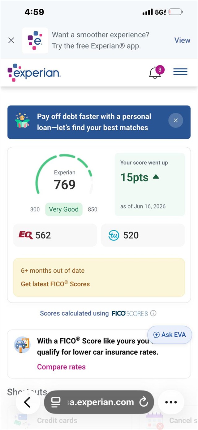 Captura real (Puntaje): Experian · 769 · +15