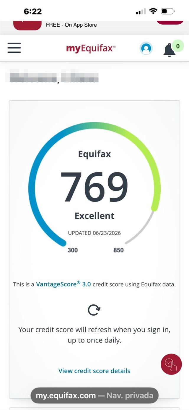 Captura real (Puntaje): Equifax · 769